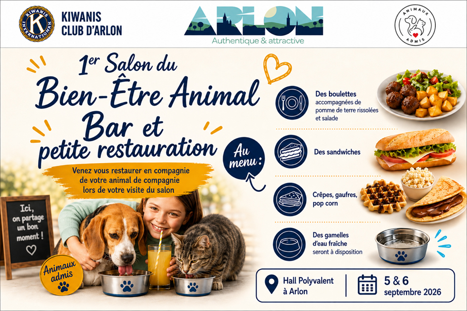 Visuel du bar et de la petite restauration du Salon du Bien-Être Animal : boulettes, sandwiches, crêpes, gaufres et gamelles d'eau fraîche