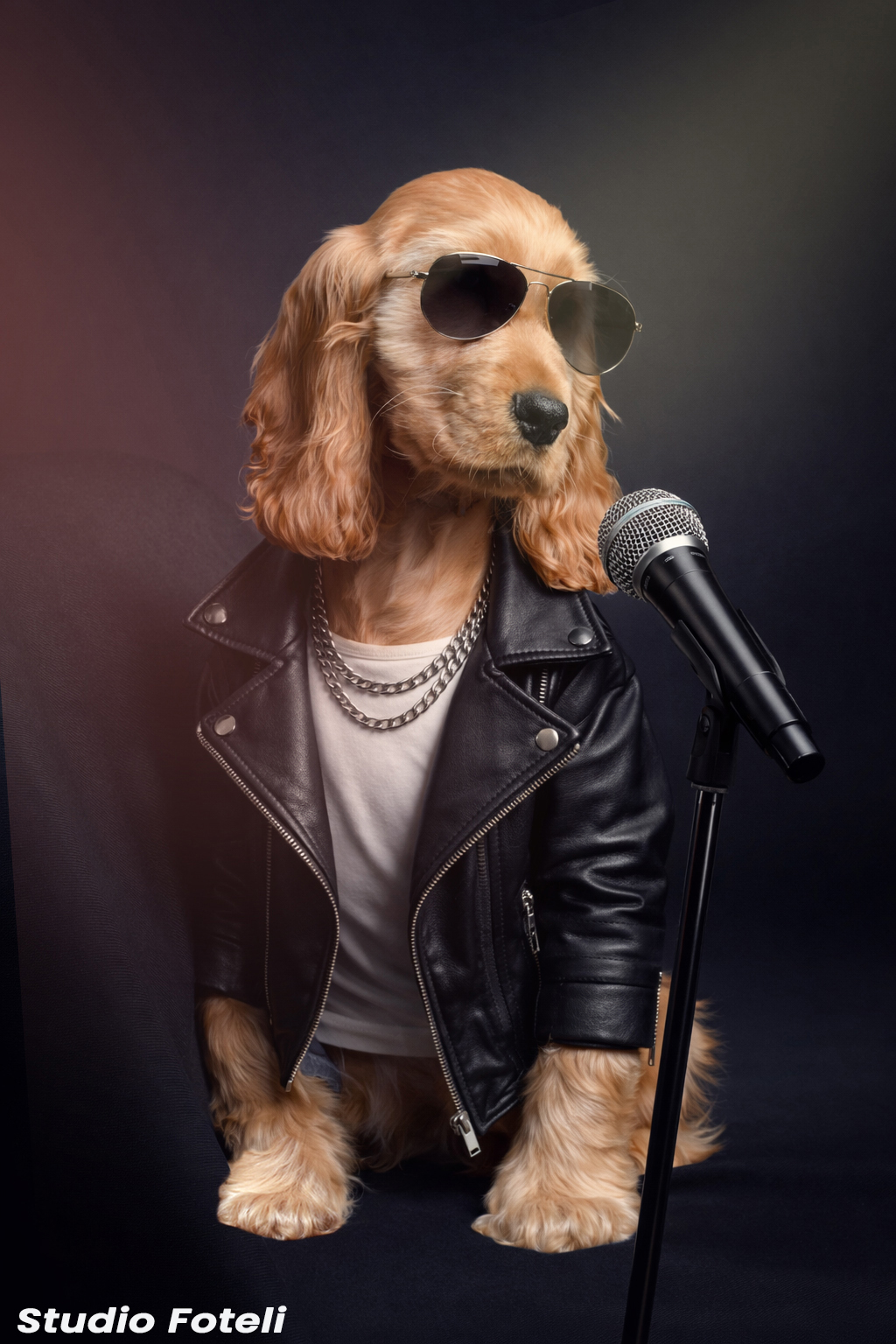 Chien chanteur avec lunettes de soleil et microphone
